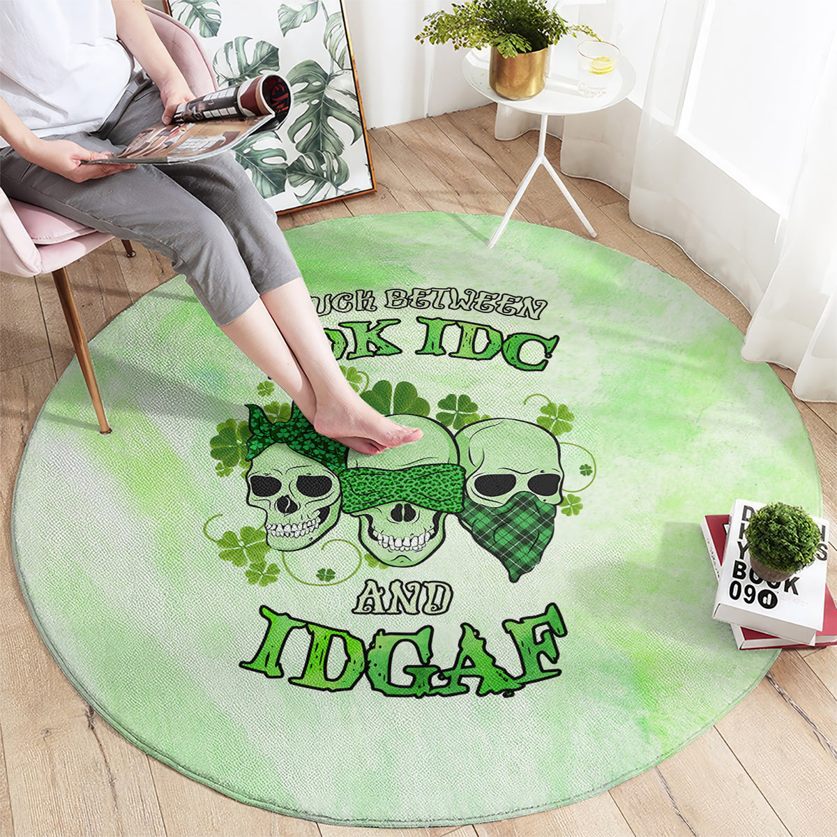 Round green rug with skulls, shamrocks, and 'IDK IDC AND IDGAF' graphic
