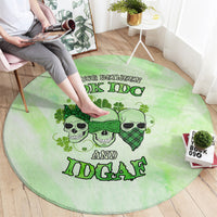 Round green rug with skulls, shamrocks, and 'IDK IDC AND IDGAF' graphic