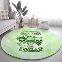 Round green circular rug with skull trio, clover accents, and 'IDK IDC AND IDGAF'