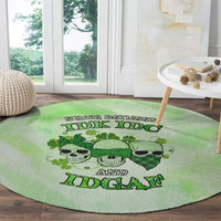 Round green rug with skulls, shamrocks, and 'IDK IDC AND IDGAF' print