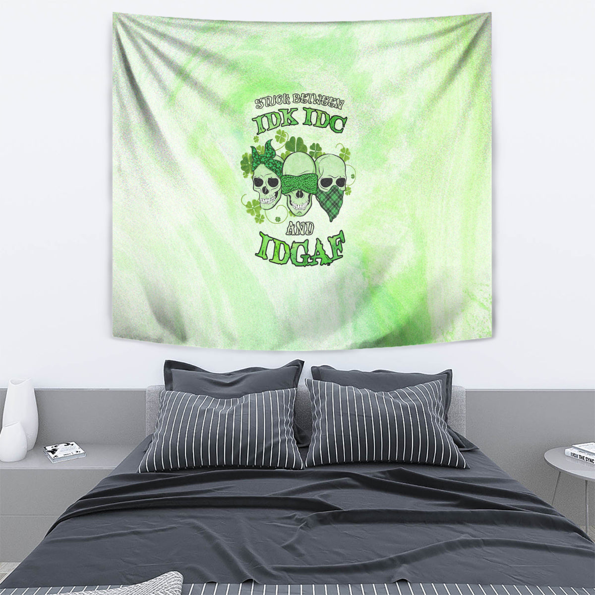 Green skull and clover graphic tapestry banner with “IDK IDK” and “IDGAF” text