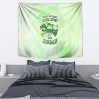 Green skull and clover graphic tapestry banner with “IDK IDK” and “IDGAF” text