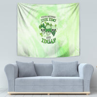 Green skull trio clover graphic tapestry banner with “IDK IDK” and “IDGAF” text