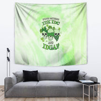 Green skull and clover typographic tapestry banner with “IDK IDK” and “IDGAF”
