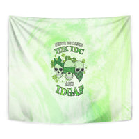 Green skull trio clover graphic tapestry banner, “IDK IDK” and “IDGAF” centered