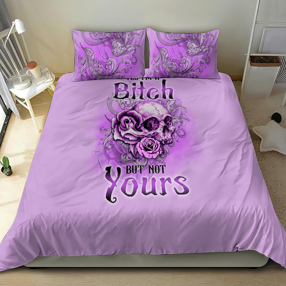 Purple bedding set with skull-and-rose graphic and bold 'But not Yours' on duvet