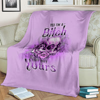 Purple throw blanket with floral skull graphic and “YES I'M A Bitch BUT NOT Yours” text.