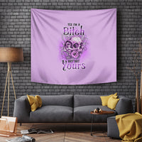 Lavender purple tapestry with bold “Bitch” and rose emblem wall hanging