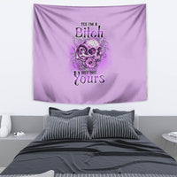 Purple wall tapestry with centered text graphic and rose illustration