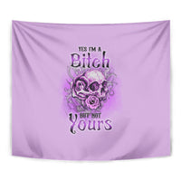 Purple fabric tapestry close-up with “Yes I’m a” text and rose illustration