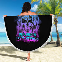 Round black beach blanket held by model, skull artwork with purple smoke and text