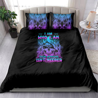 Black bedding set with blue and purple skull graphic and matching pillowcases
