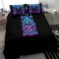 Black bedding set with large blue/purple skull graphic and two pillowcases