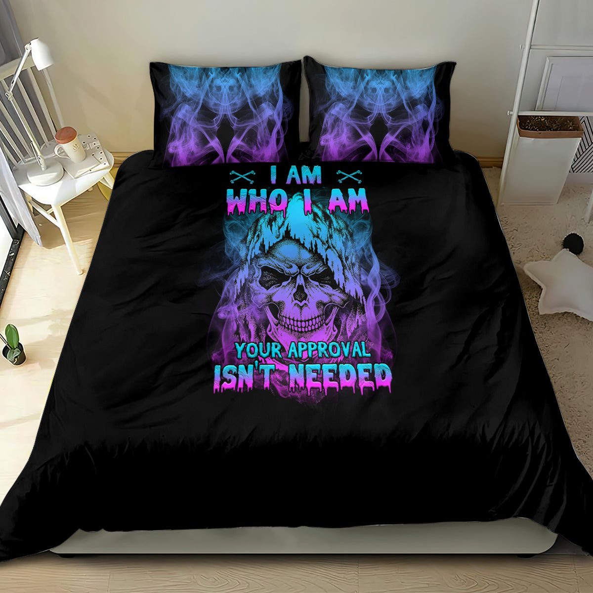 Black bedding set with blue/purple skull artwork and matching square pillowcases
