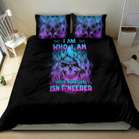 Black bedding set with blue/purple skull artwork and matching square pillowcases