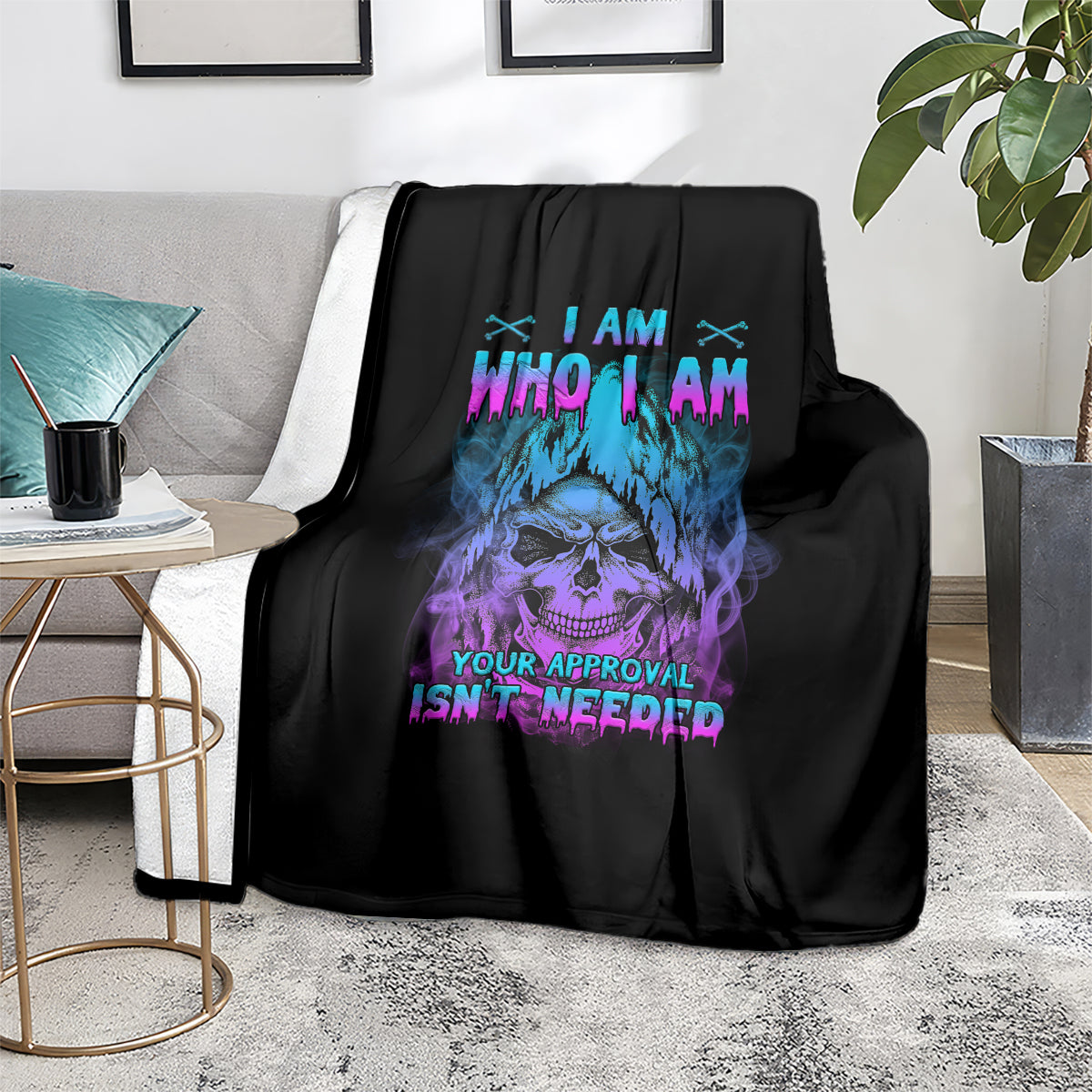 Black throw blanket with blue and purple skull graphic and 'YOUR APPROVAL ISN'T NEEDED'