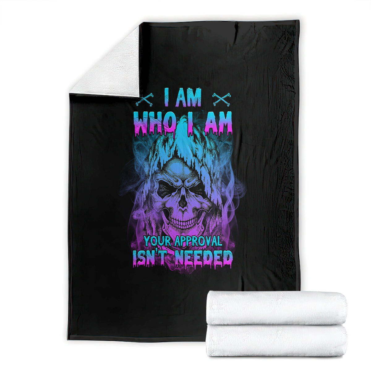 Black folded blanket with blue and purple skull graphic and 'YOUR APPROVAL ISN'T NEEDED'