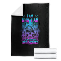 Black folded blanket with blue and purple skull graphic and 'YOUR APPROVAL ISN'T NEEDED'