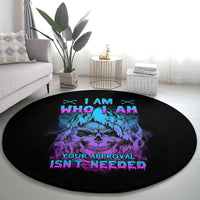 Round black carpet with large multicolor skull graphic and 'YOUR APPROVAL ISN'T NEEDED' text.
