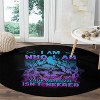 Round black carpet with purple-blue skull artwork and neon 'YOUR APPROVAL ISN'T NEEDED' text.