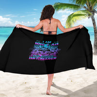 Black graphic sarong with colorful skull and quote print, wide wrap design