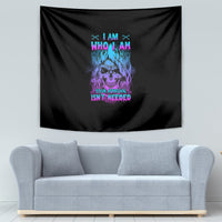 Black wall tapestry with multicolor skull artwork and “Your approval isn’t needed” message