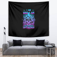 Black wall tapestry with a multicolor skull graphic and “Your approval isn’t needed” wording