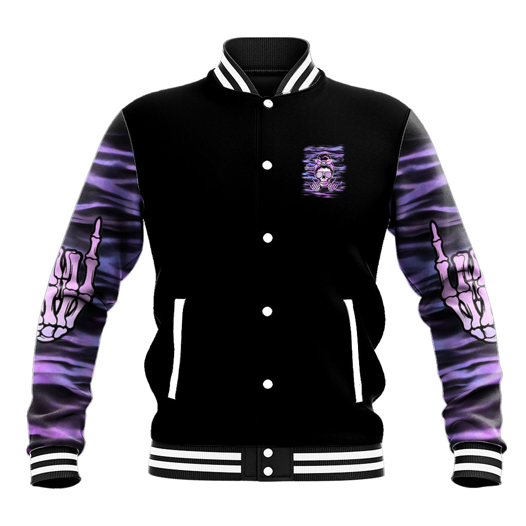 Black varsity baseball jacket with purple tie-dye sleeves, button front, front skull graphic