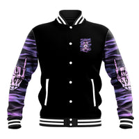 Black varsity baseball jacket with purple tie-dye sleeves, button front, front skull graphic