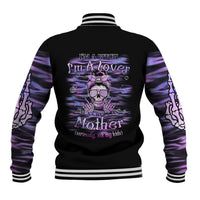 Black baseball jacket with purple tie-dye sleeves, ribbed collar and back skull graphic