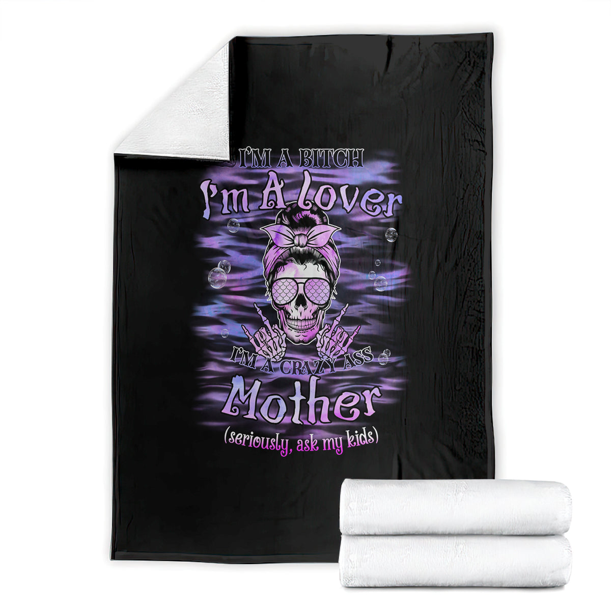 Black throw blanket with centered purple 'I'm A Lover Mother' skull graphic