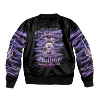 Unisex black bomber jacket with purple back graphic and ribbed cuffs