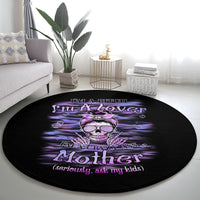 Round black circular rug with purple skull graphic and 'Mother' quote text.
