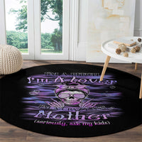Round black round rug with purple skull print and 'Mother' headline.