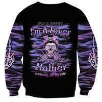 Unisex black sweatshirt with purple hand-skeleton graphic front and purple wave sleeves