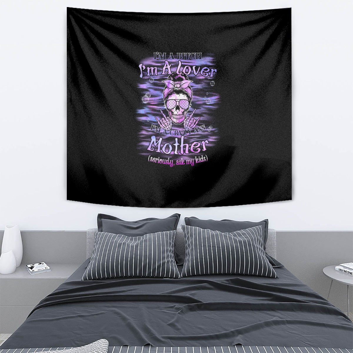 Black tapestry with purple skull graphic and bold text reading 'I'm A Lover' and 'Mother'