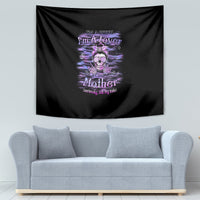 Black tapestry with purple skull artwork and 'Mother' lettering in the center