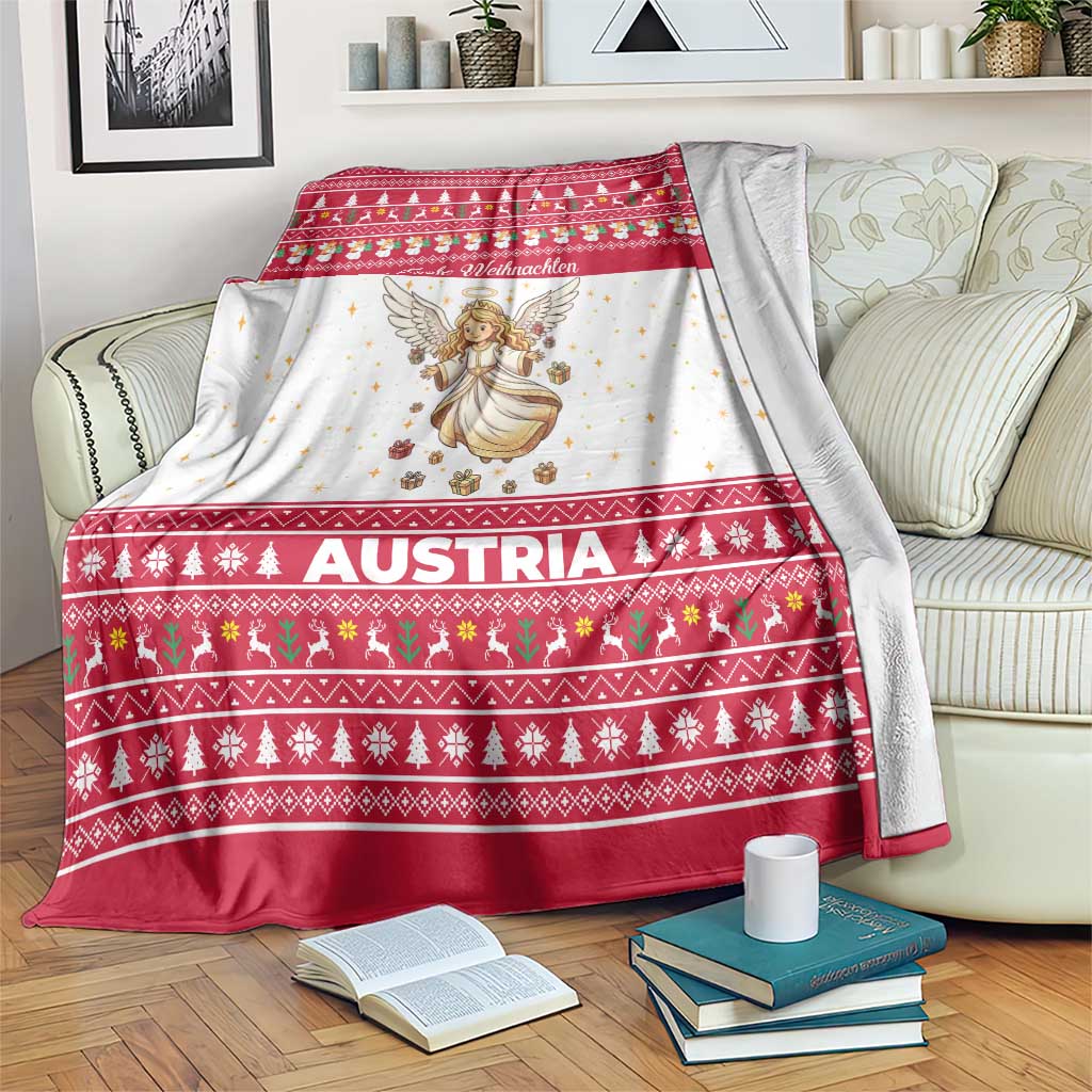 Austria Christmas Blanket with Frohe Weihnachten Angel Design and Red White Holiday - Wonder Print Shop