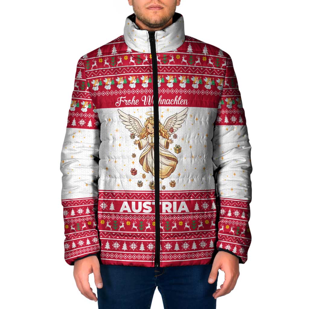Austria Christmas Padded Jacket with Frohe Weihnachten Angel Design and Red White Holiday - Wonder Print Shop