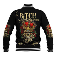 Black baseball jacket with back graphic: crown skull, roses, and bold lettering