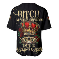 Black baseball jersey with large back skull-and-crown graphic and floral accents