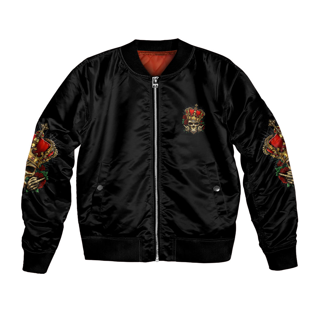 Black satin bomber jacket with front zipper, chest emblem, and colorful sleeve prints