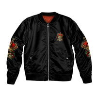 Black satin bomber jacket with front zipper, chest emblem, and colorful sleeve prints