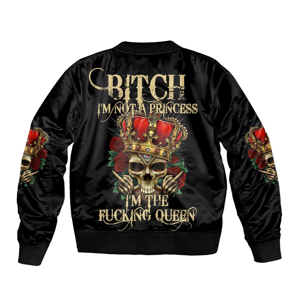 Black satin bomber jacket with large back queen crown skull graphic and ribbed trim