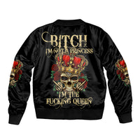 Black satin bomber jacket with large back queen crown skull graphic and ribbed trim