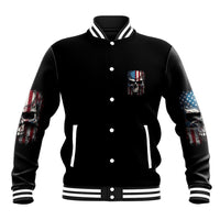 Black snap-front baseball jacket with skull chest patch and full-color sleeve graphic