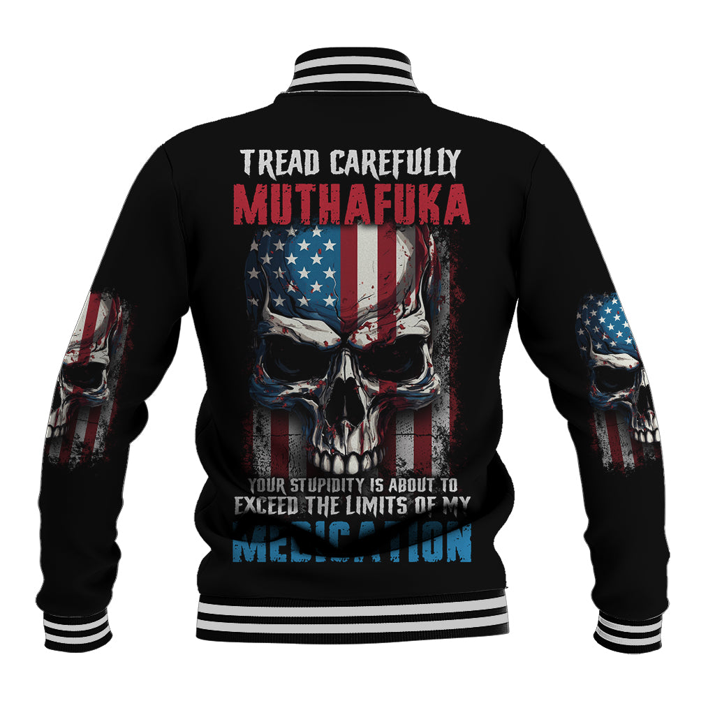 Black baseball jacket with varsity stripes and large back graphic print skull, stars, bars