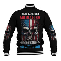 Black baseball jacket with varsity stripes and large back graphic print skull, stars, bars