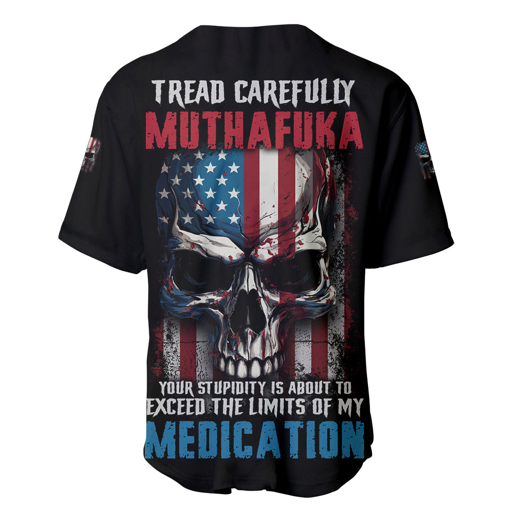 Black baseball jersey with large skull graphic and patriotic text on back