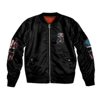 Black bomber jacket with zip front, small chest skull patch, US flag sleeve prints